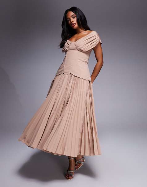 ASOS LUXE off shoulder pleated with moulded hips midi dress in mocha - view 1