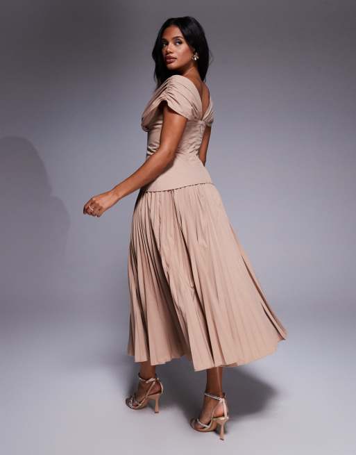 ASOS LUXE off shoulder pleated with moulded hips midi dress in mocha