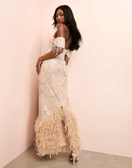 ASOS LUXE off-shoulder plunge neck pearl embellished maxi dress with faux  feather details in blush pink | ASOS