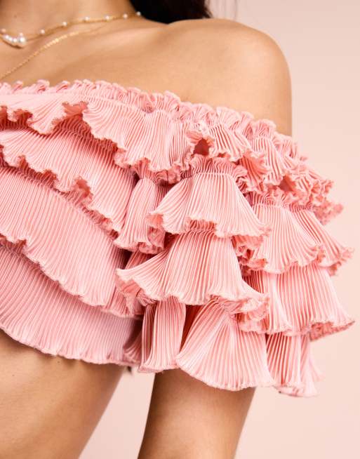 ASOS LUXE off shoulder ruffle bikini top co ord in pink ASOS