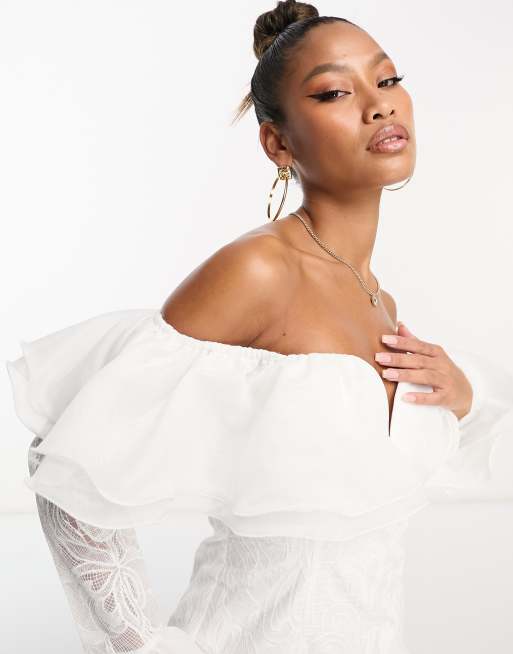 ASOS LUXE off shoulder ruffle embroidered mini dress in white