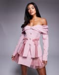 [ASOS LUXE] ASOS LUXE off shoulder tailored blazer with organza pleats in dusty pink (part of a set) 6 PINK