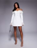 [ASOS LUXE] ASOS LUXE off shoulder tailored mini dress with pleated organza in ivory-White 8 WHITE