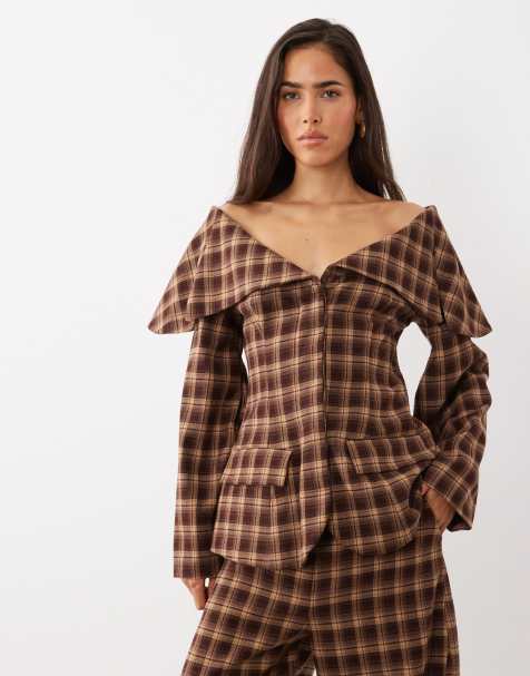 ASOS LUXE off-shoulder tie waist brushed check blazer - view 1