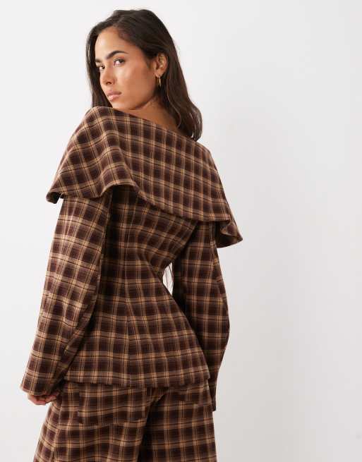 ASOS LUXE off-shoulder tie waist brushed check blazer, 4 of 4