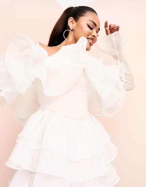 ASOS LUXE off shoulder wired frill mini dress with corsetted waist in white, 3 of 4