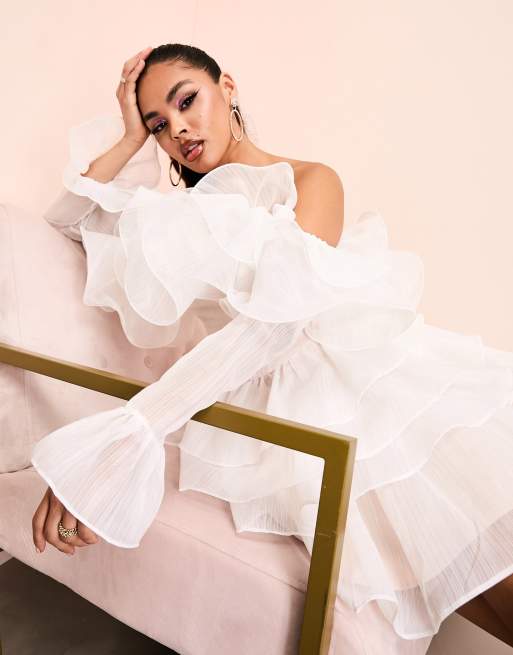 ASOS LUXE off shoulder wired frill mini dress with corsetted waist in white, 4 of 4