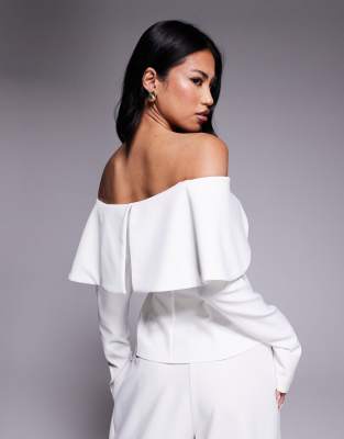 Asos Luxe Off The Shoulder Blazer With Gold Hardware In White