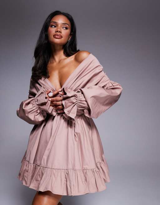 ASOS LUXE - Vestito corto color talpa con spalle scoperte e dettaglio stile corsetto