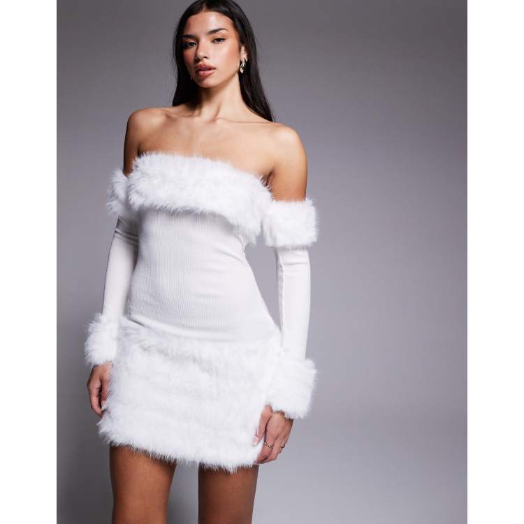 ASOS LUXE off the shoulder knit mini dress with faux fur trim in white