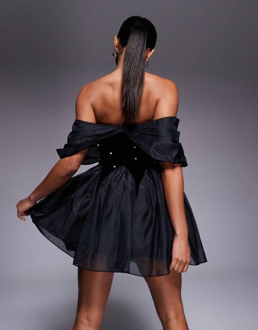 ASOS LUXE off the shoulder pearl embellished velvet mini dress with organza in black