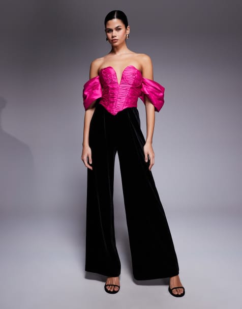 ASOS LUXE off the shoulder satin and velvet jumpsuit in black - view 1