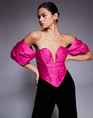 Asos Luxe Off The Shoulder Satin And Velvet Jumpsuit In Pink