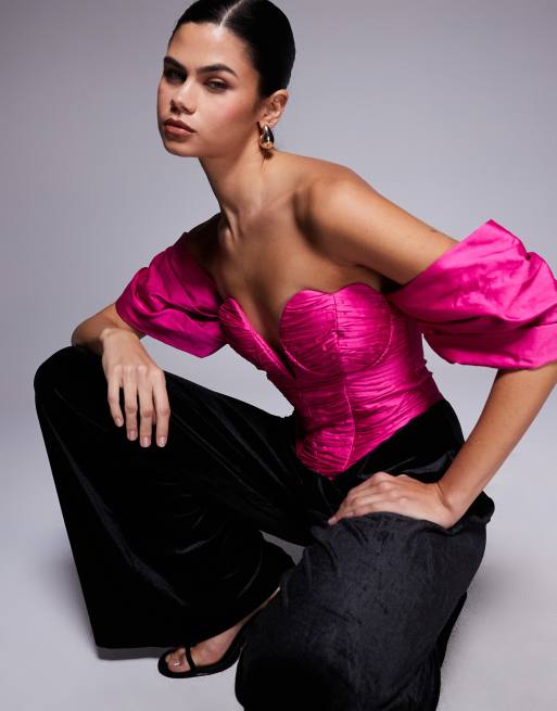 ASOS LUXE off the shoulder satin and velvet jumpsuit in black