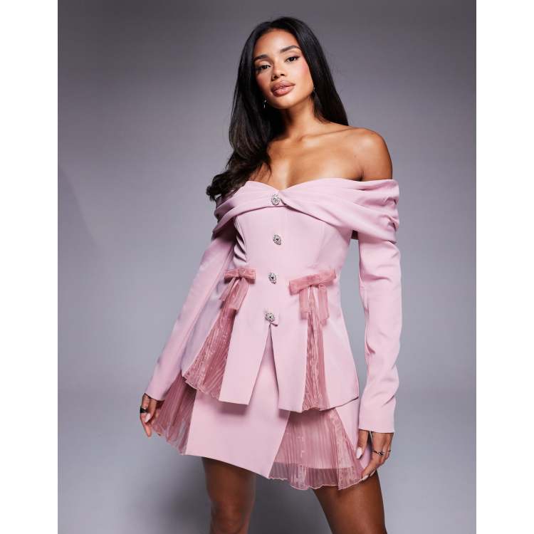 ASOS LUXE off the shoulder tailored blazer with organza pleats in dusty pink  - part of a set | ASOS
