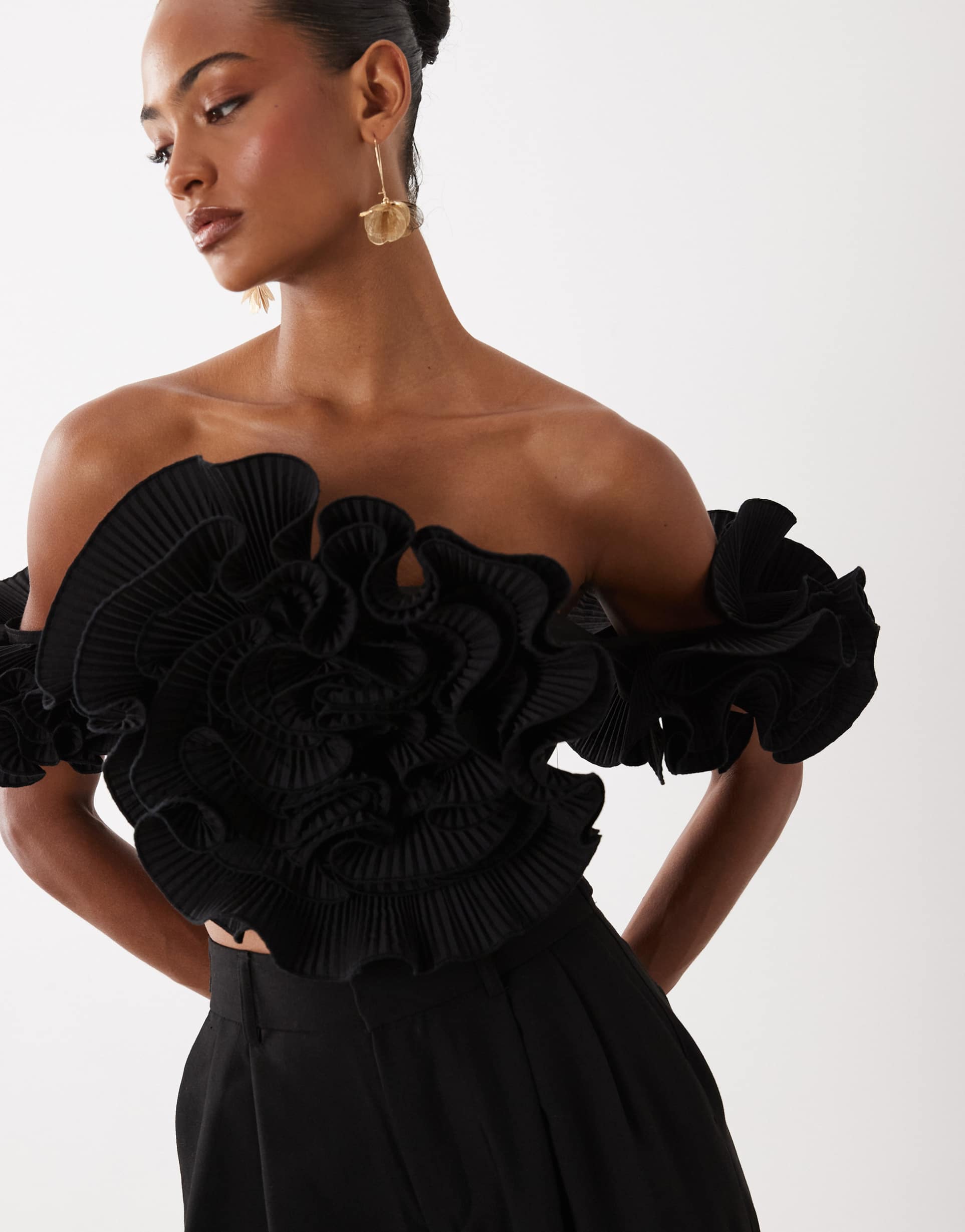 asos luxe off-the-shoulder top with 3d flower detail in black