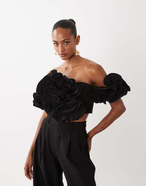 ASOS LUXE off-the-shoulder top with 3D flower detail in black, 2 of 4