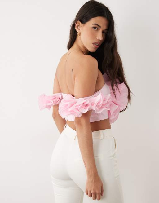 ASOS LUXE off-the-shoulder top with 3D flower detail in pink, 2 of 4