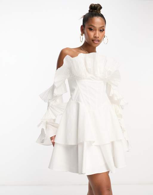 ASOS LUXE - Offshoulder mini-skaterkjole med plisseringer i hvidt bomuldspoplin, 3 af 4