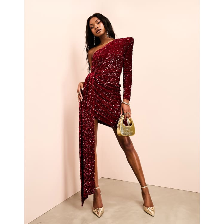 ASOS LUXE one shoulder asymmetric draped mini dress in burgundy sequin