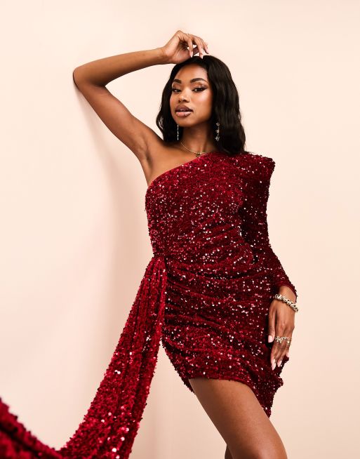 ASOS Luxe One Shoulder Asymmetric Draped Mini Dress in Burgundy sequin Red