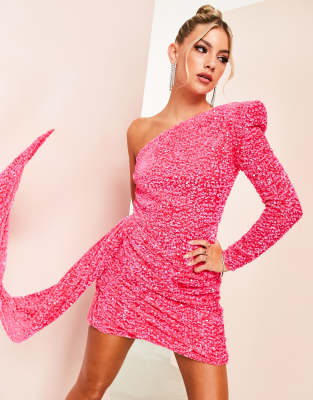 one shoulder asymmetric draped mini dress in pink sequin