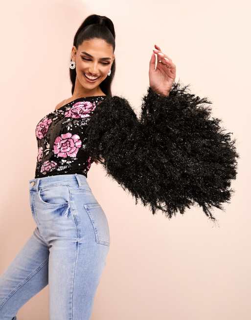 ASOS LUXE one shoulder asymmetric embellished bodysuit with faux feather  sleeve in black and pink