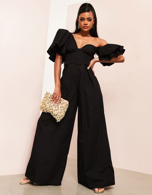 ASOS LUXE kick flare jumpsuit with textured tie shoulder detail in black, ASOS