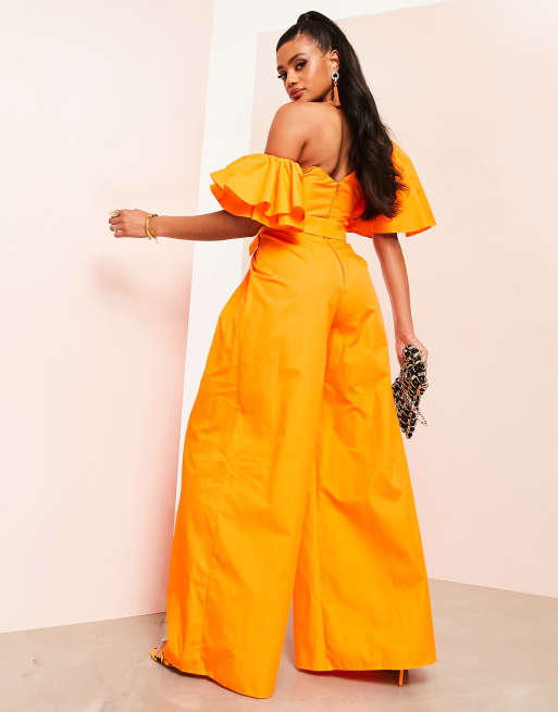 ASOS LUXE one shoulder belted poplin jumpsuit in orange