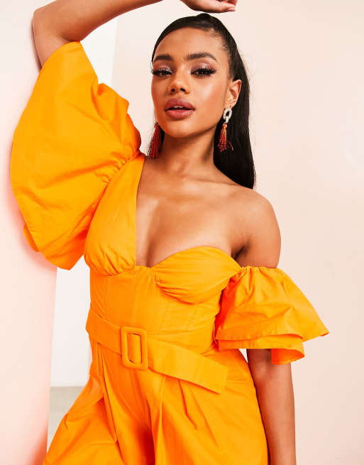 ASOS DESIGN one shoulder ruched bodice wide leg jumpsuit in orange