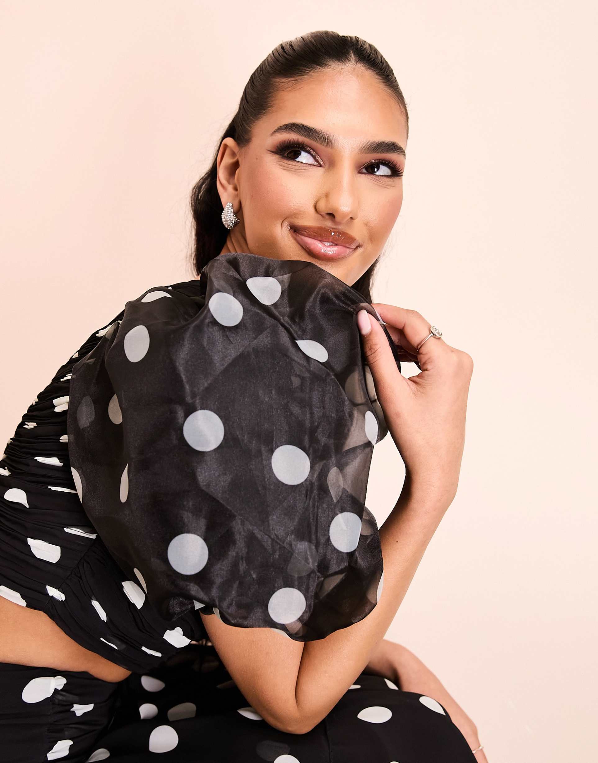asos luxe one shoulder blouson sleeve polka dot organza top in monochrome - part of a set