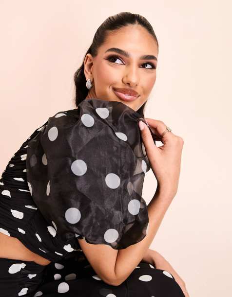 ASOS LUXE co-ord one shoulder blouson sleeve polka dot organza top in monochrome