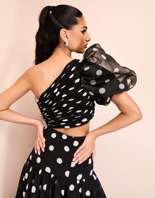 Organza Mesh Polka Dot Sweetheart Neck Puff Sheer Sleeve Crop Top