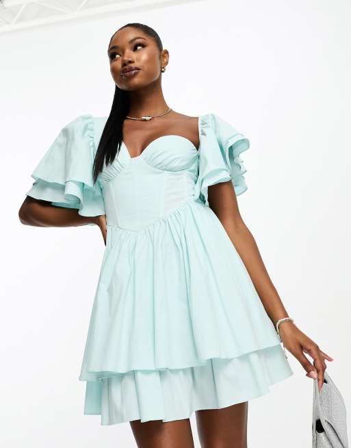 ASOS LUXE one shoulder cotton dress with corset detail and ruffles