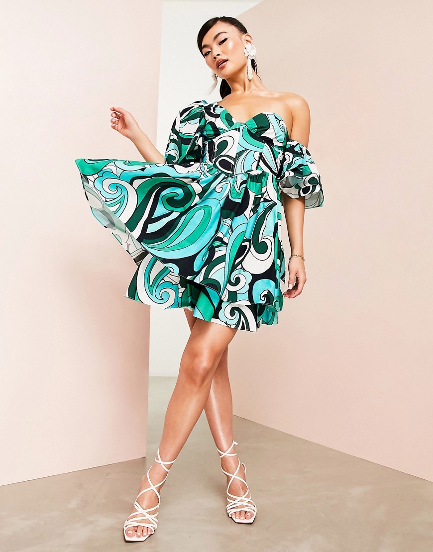 one shoulder cotton dress with corset detail and ruffles in green swirl print-Multi