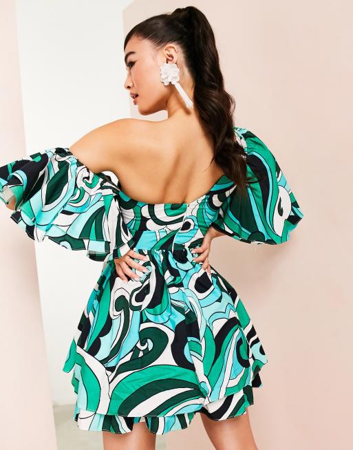 ASOS LUXE one shoulder cotton dress with corset detail and ruffles in green  swirl print