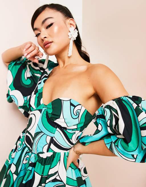 ASOS LUXE one shoulder cotton dress with corset detail and ruffles in green  swirl print