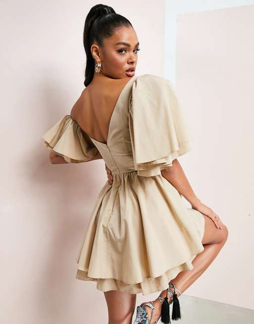 ASOS LUXE one shoulder cotton dress with corset detail and ruffles in white