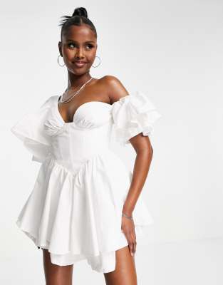 ASOS LUXE one shoulder cotton dress with corset detail and ruffles in white | ASOS