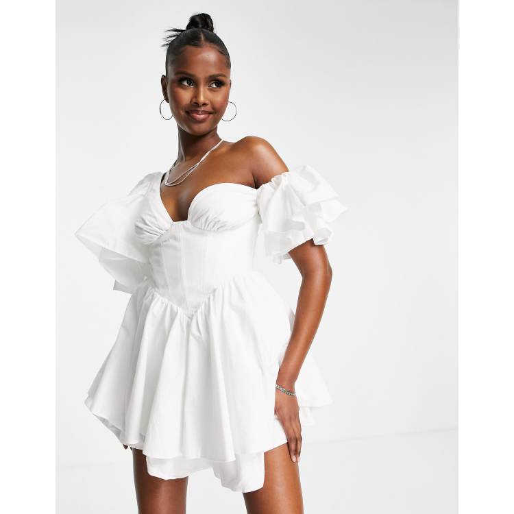 ASOS LUXE one shoulder cotton dress with corset detail and ruffles in white