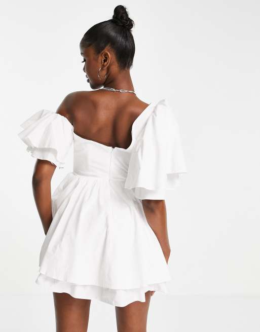 ASOS LUXE one shoulder cotton dress with corset detail and ruffles in white