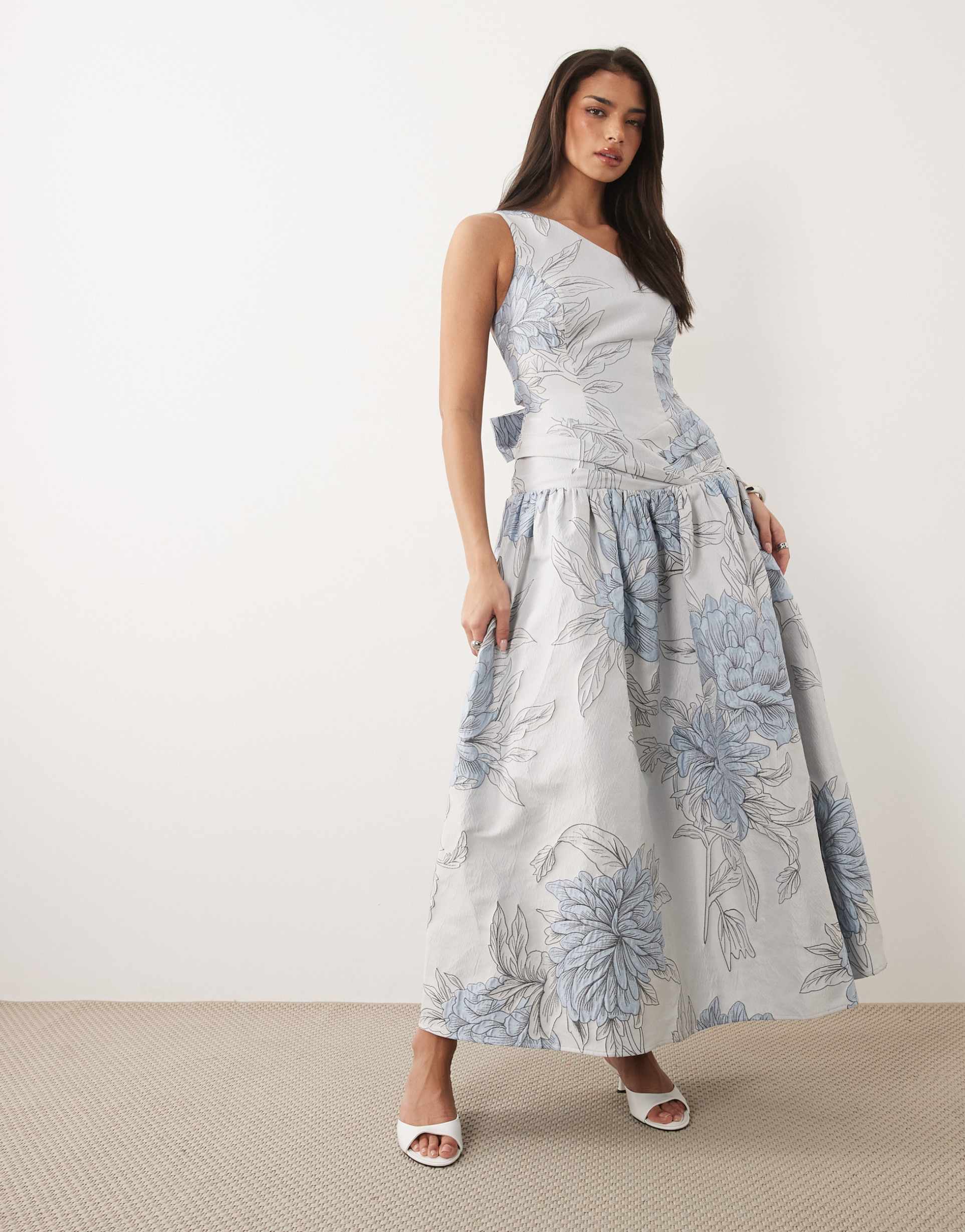asos luxe one shoulder jacquard maxi dress in blue floral