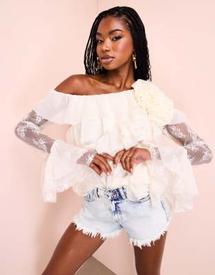 ASOS LUXE one shoulder lace top with organza ruffles in cream