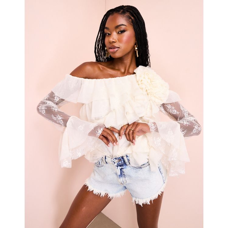 ASOS LUXE one shoulder lace top with organza ruffles in cream