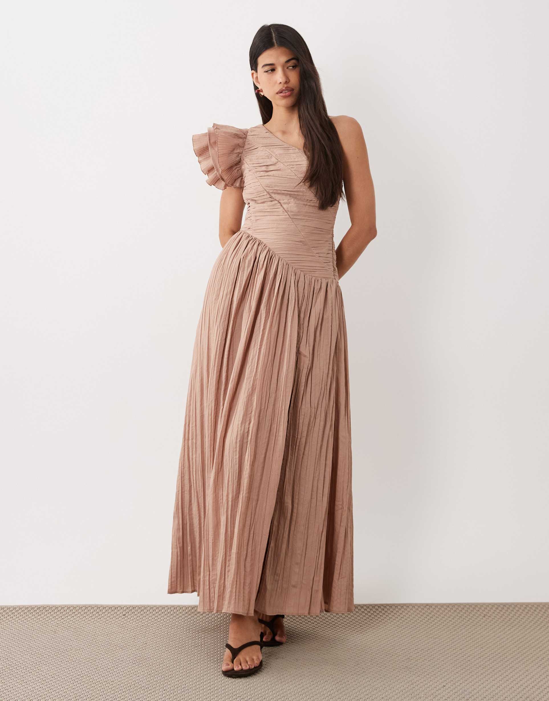 asos luxe one shoulder maxi dress with pleat bodice in mocha