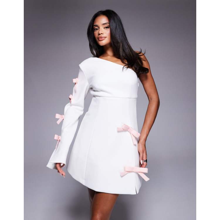 ASOS LUXE one-shoulder mini dress with pink bows in white | ASOS