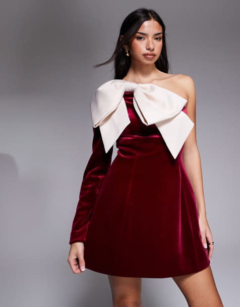 ASOS LUXE one shoulder velvet mini dress with bow detail in burgundy - view 1