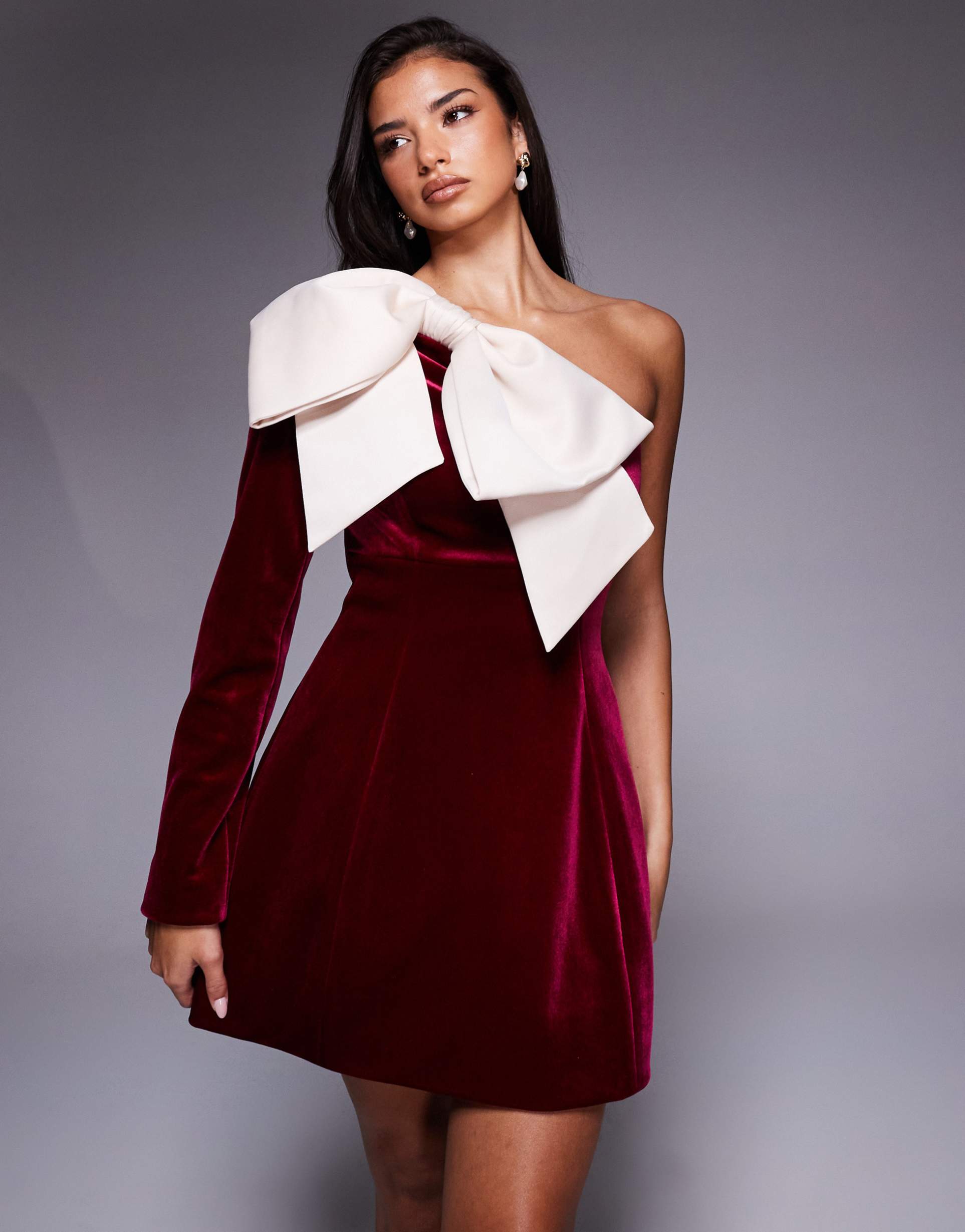 asos luxe one shoulder velvet mini dress with bow detail in burgundy