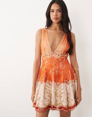 Asos Luxe Orange Embellished Corset Cupped Mini Dress