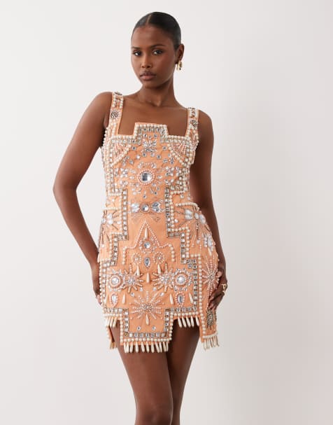 ASOS LUXE – Orange, utsmyckad miniklänning med kakelmönster - view 1